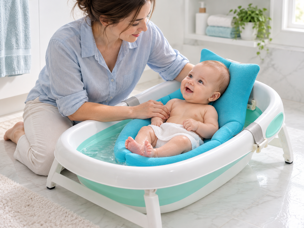 A caregiver supporting a baby in the blue SoftBath cushion in a compatible baby tub