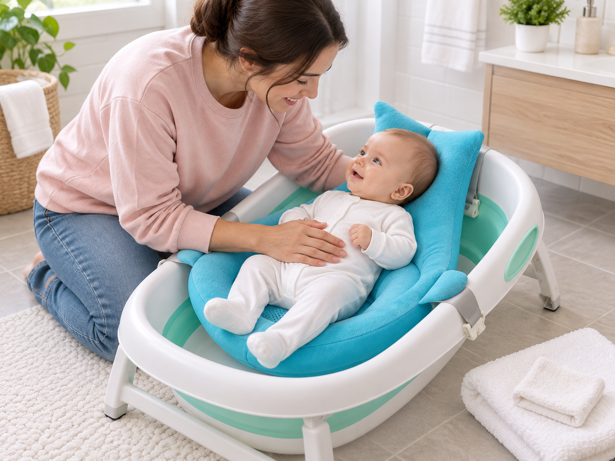 Parent beside a fully clothed baby resting in blue Carea SoftBath in a dry baby tub