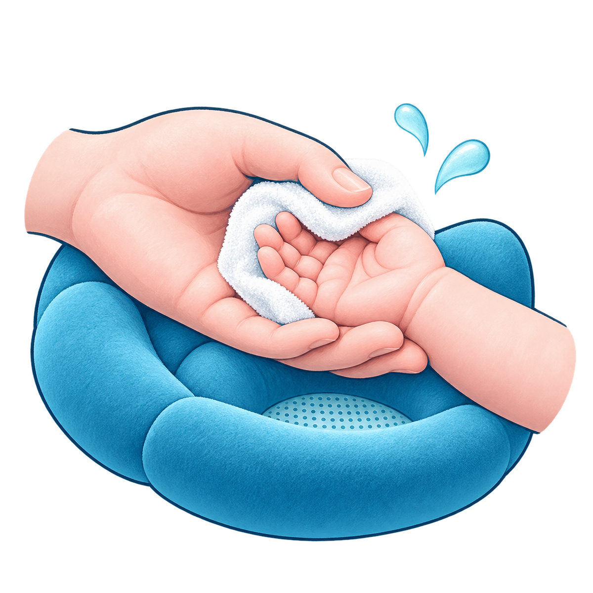 Illustration of an adult gently washing a small infant hand over the blue SoftBath cushion