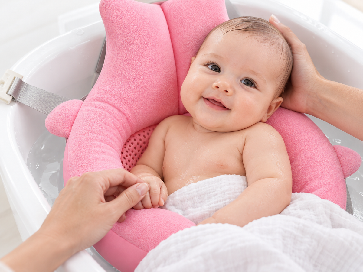 Baby resting against pink Carea SoftBath padding with a caregiver’s hand supporting the head