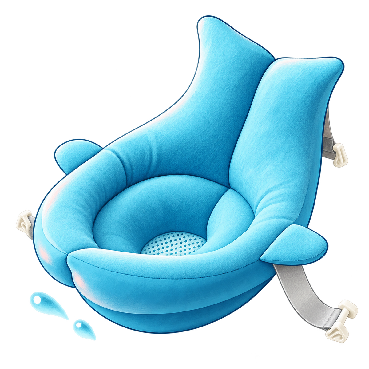 Illustration of the blue SoftBath cushion with raised back, curved sides and mesh center