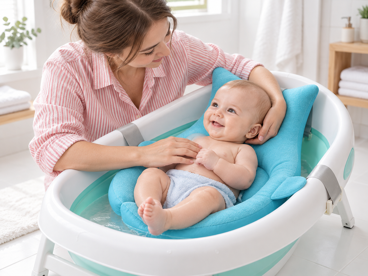 Parent supporting a baby in the blue Carea SoftBath in a baby tub