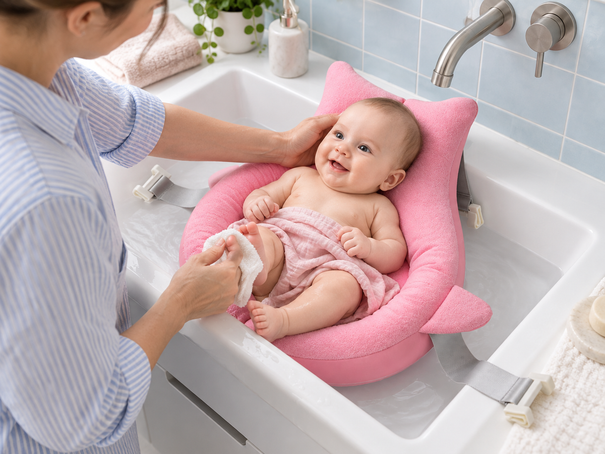 Parent washing a baby’s foot while baby rests in pink Carea SoftBath in a roomy bathroom basin