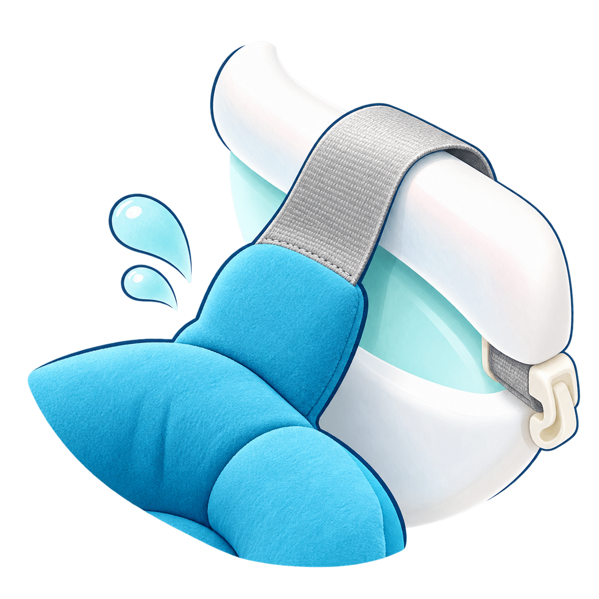 Illustration of a grey SoftBath cushion strap passing over a white baby tub rim