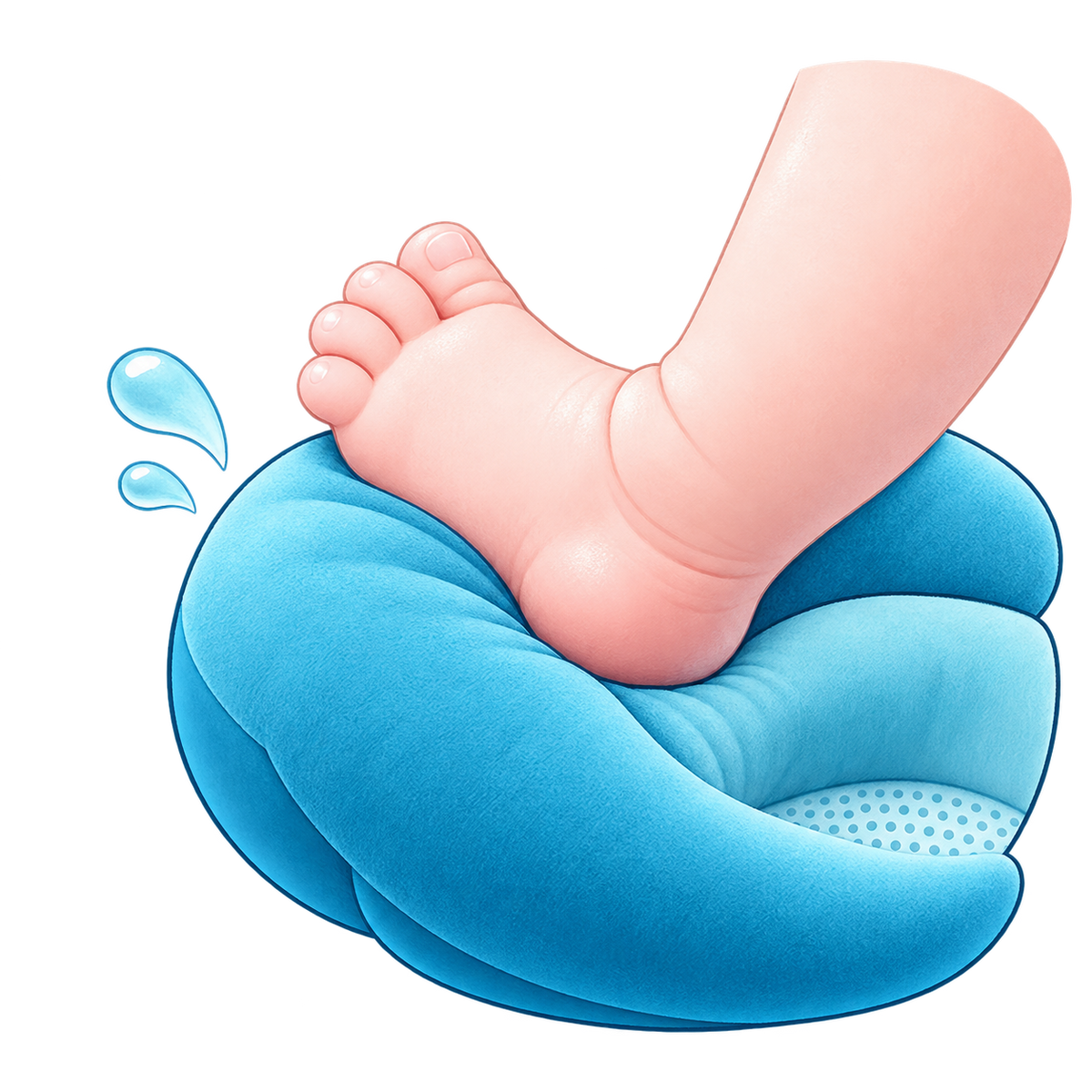 Illustration of a baby foot resting against the blue SoftBath cushion padding