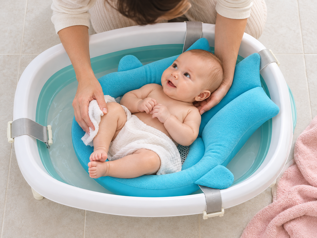 Overhead view of a baby in blue Carea SoftBath with a caregiver supporting the head