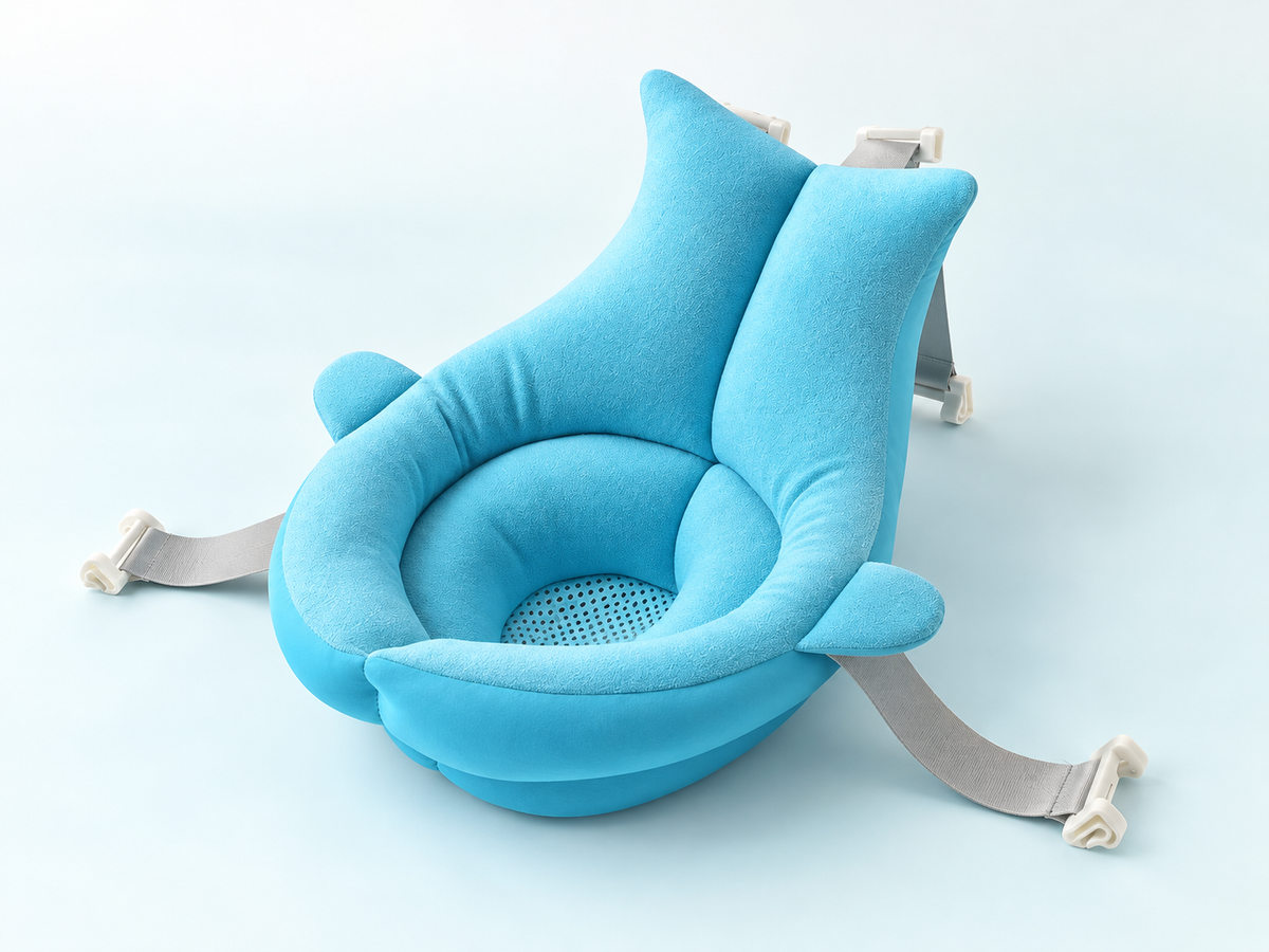 Blue Carea SoftBath cushion with padded back, curved sides, mesh centre and loose grey straps