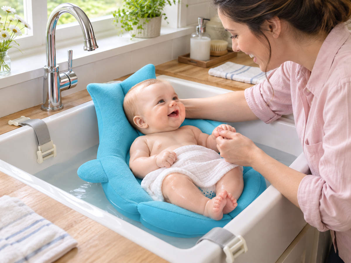 Parent caring for a baby resting in blue Carea SoftBath in a spacious kitchen sink